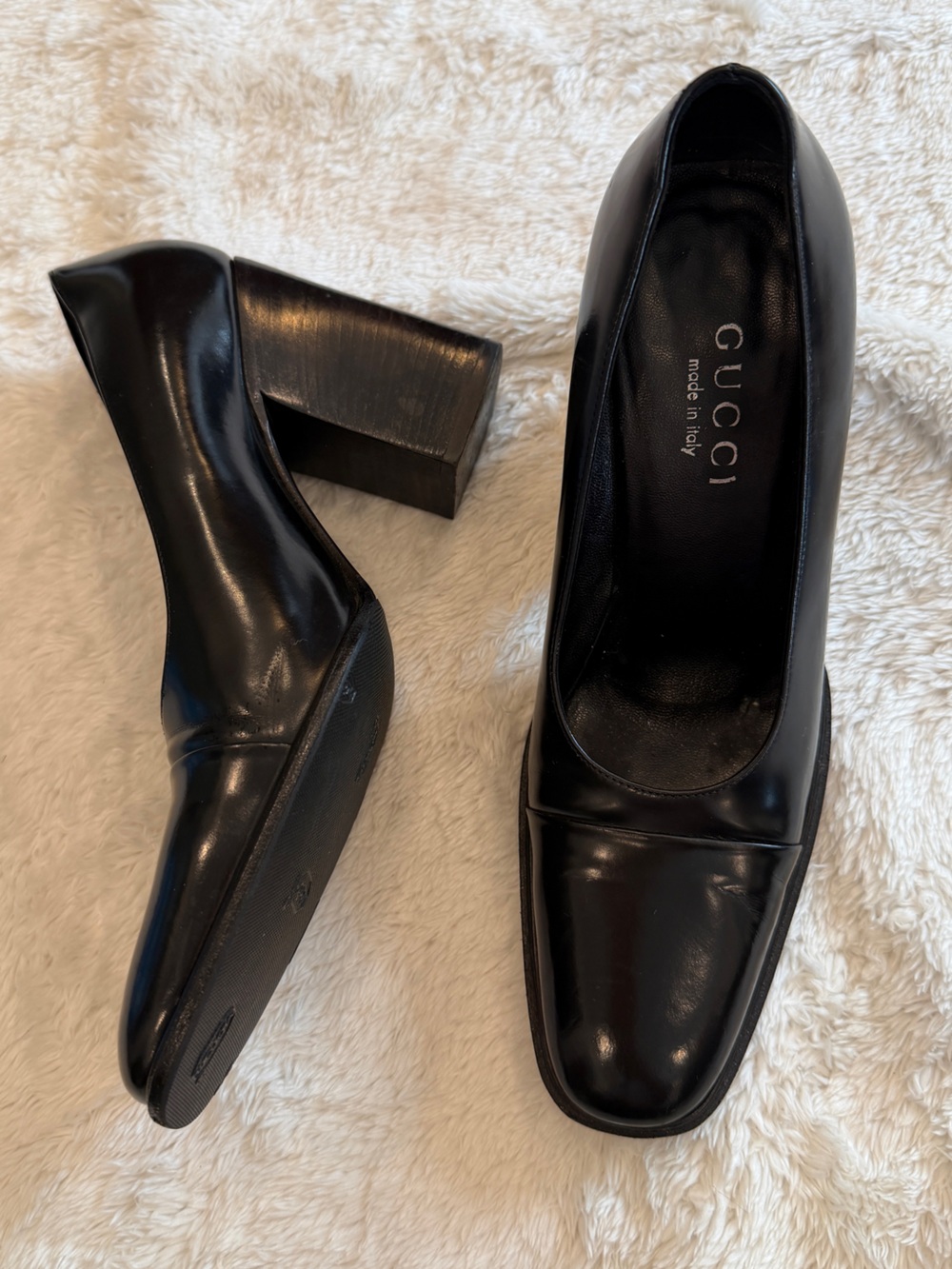 Gucci Black Leather Square-Toe Block Heel Pumps